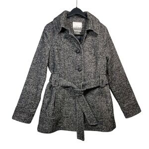 Kensie‎ Women Gray Tweed Belted Pea Wool Coat Jacket Size M Winter Outerwear